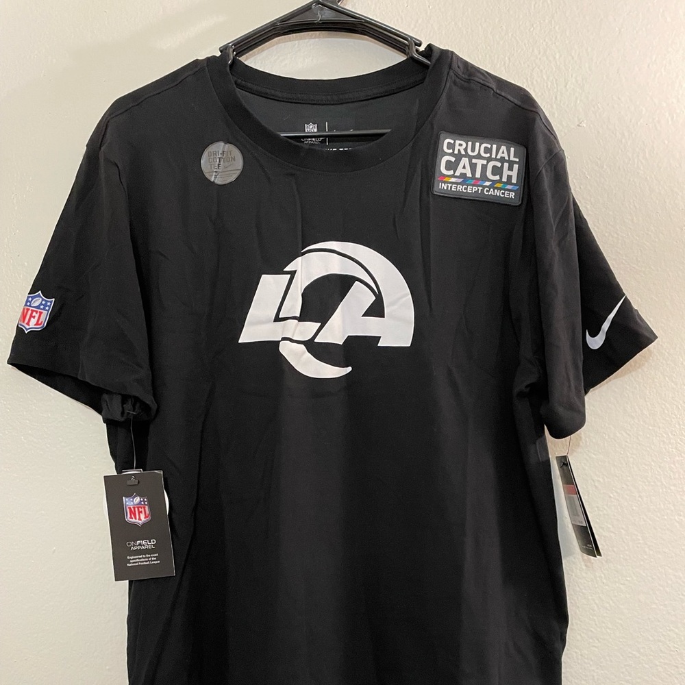 Nike NFL Los Angeles Rams Crucial Catch Intercept Cancer T-Shirt Size Large
